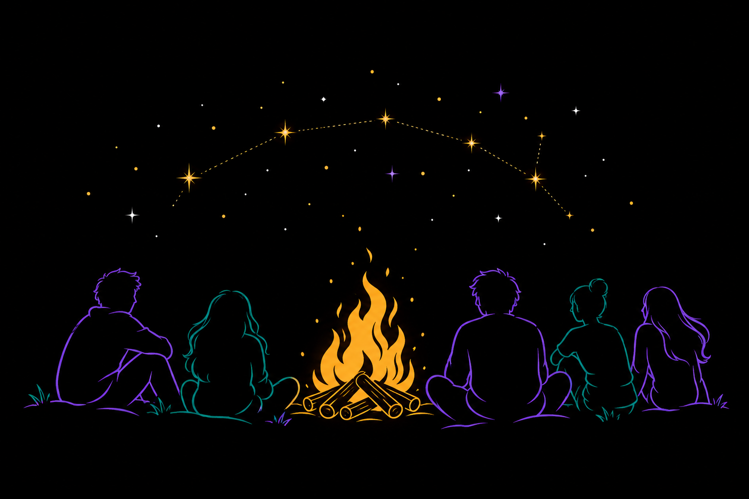 纯黑底色上的线描插画：几位旅人剪影围坐在篝火旁，上方是星点与星图弧线